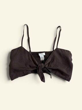 H&M Brown Linen Blend Tie Front Crop Top Smocked Back Boho Cottagecore Y2K XS